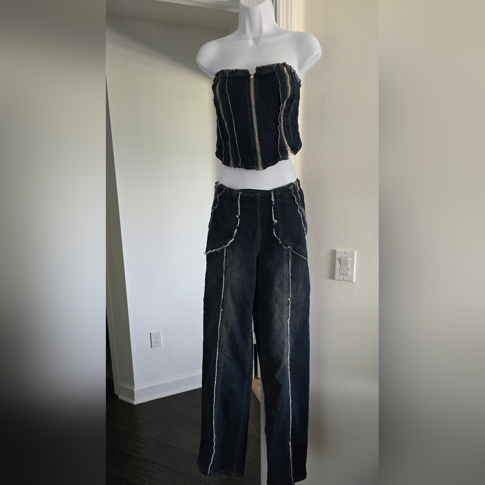 Matching set denim dark wash contrast stitch distressed jeans double zipper